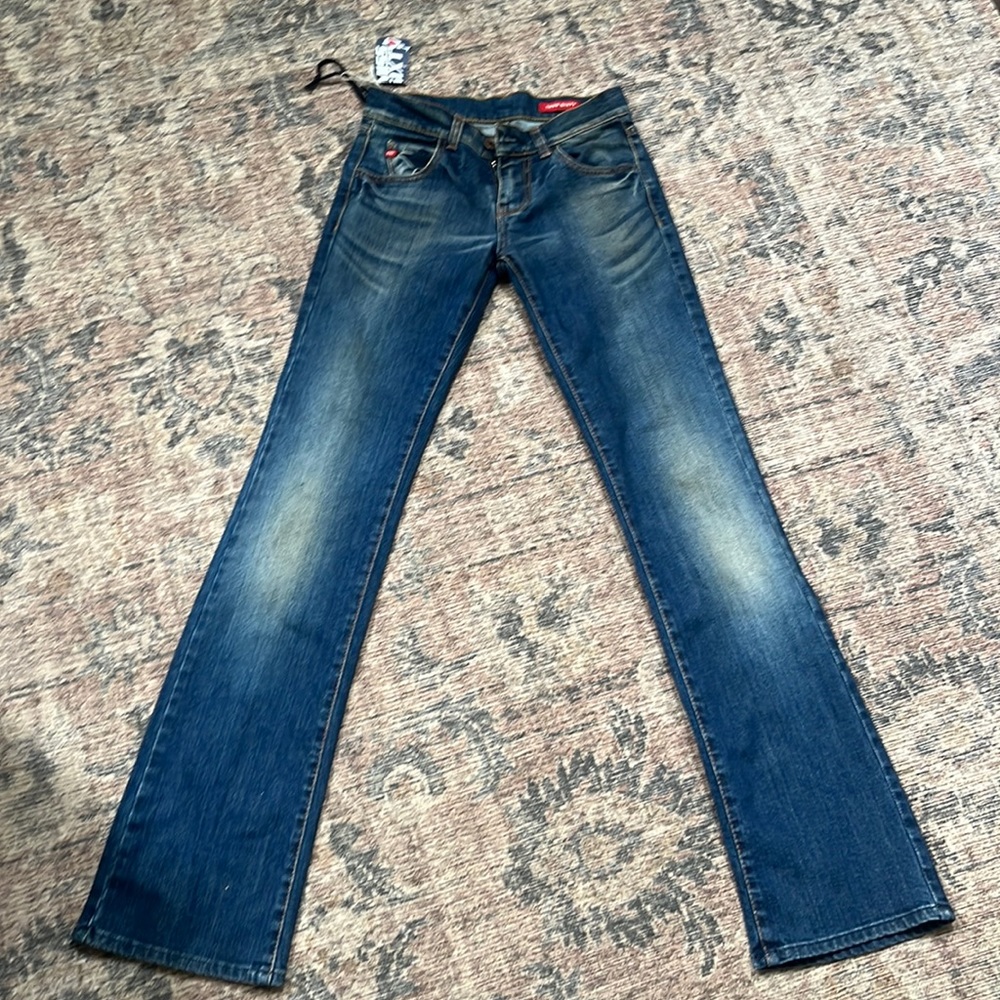 Vintage moss sixty boot cut long jeans with designs on back pockets
